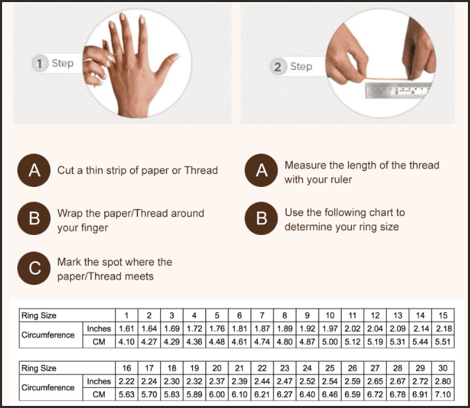 Cắt một đoạn dây và đo vào ngón tay bạn cần làm nhẫn sau đó đo trên thước dây xem chiều dài bao nhiêu và so sánh với bảng size