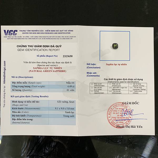 Chứng thư kiểm định viên Sapphire 4,50ct