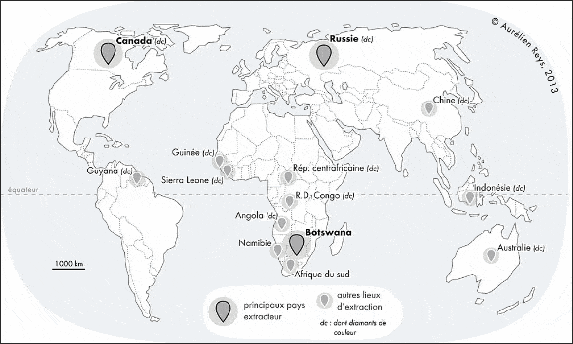 Bản đồ phân bố Kim Cương trên thế giới.