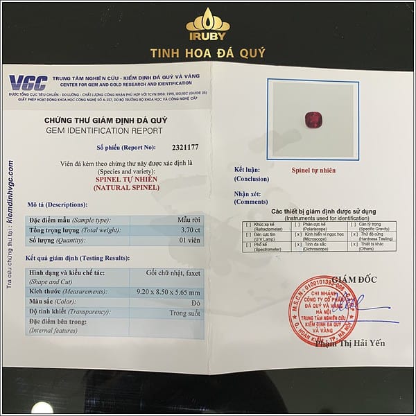 Viên Spinel màu đỏ thuần 3,69ct - IRSI 234369 hình ảnh