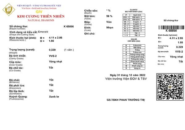 Thông tin chi tiết viên Kim Cương 0.229 ct