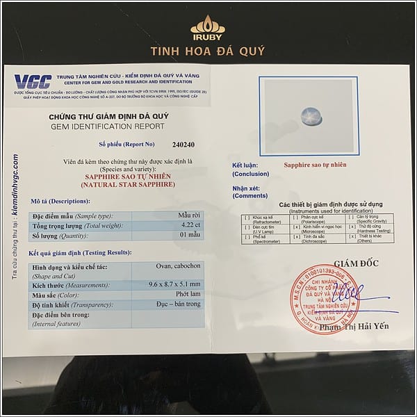 Viên Sapphire sao trắng tự nhiên 100% 4,23ct - IRSP151 2312423 kiểm định