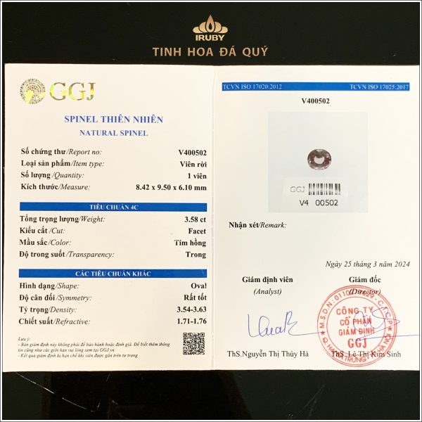 Đá Spinel Lục Yên tự nhiên 100% 3,57ct – IRSI81 2402357 hình ảnh kiểm định