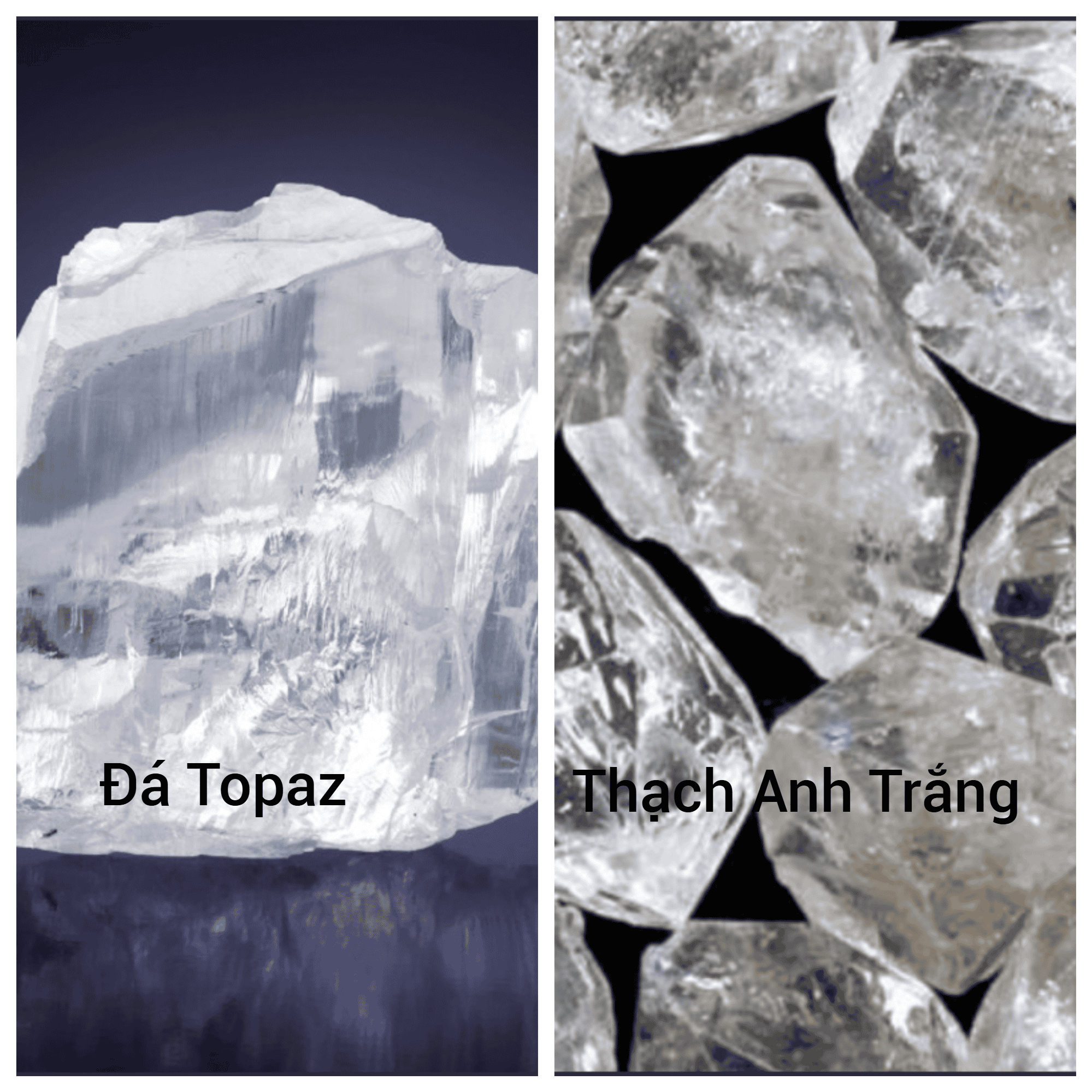 Từ hình ảnh bạn cũng có thể phân biệt được đá Topaz và Thạch Anh trắng