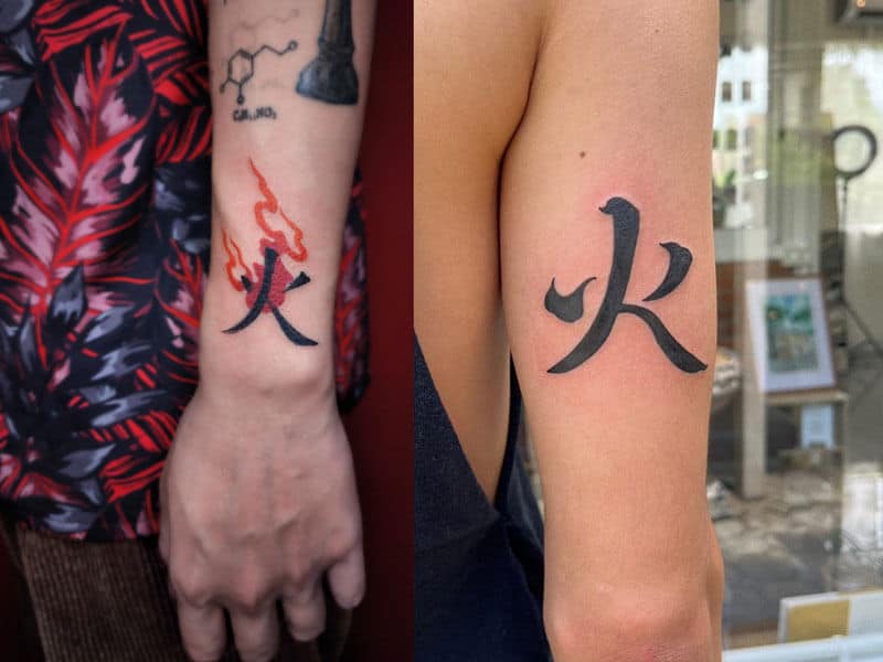 hinh xam chu hoa (火) dai dien cho nguyen to lua, the hien su dam me, nhiet huyet va kha nang but pha