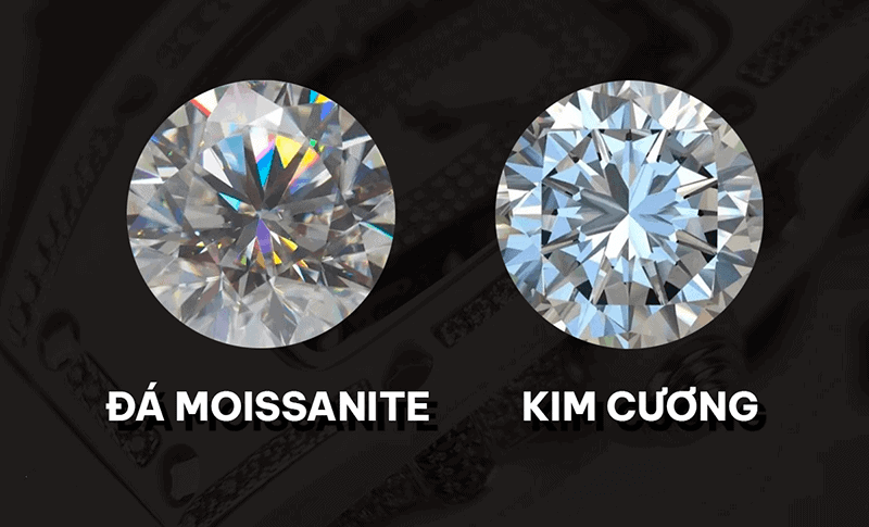 Da Moissanite va kim cuong nhin rat giong nhau nhung Moissanite lai so huu do tan sac anh sang vuot troi