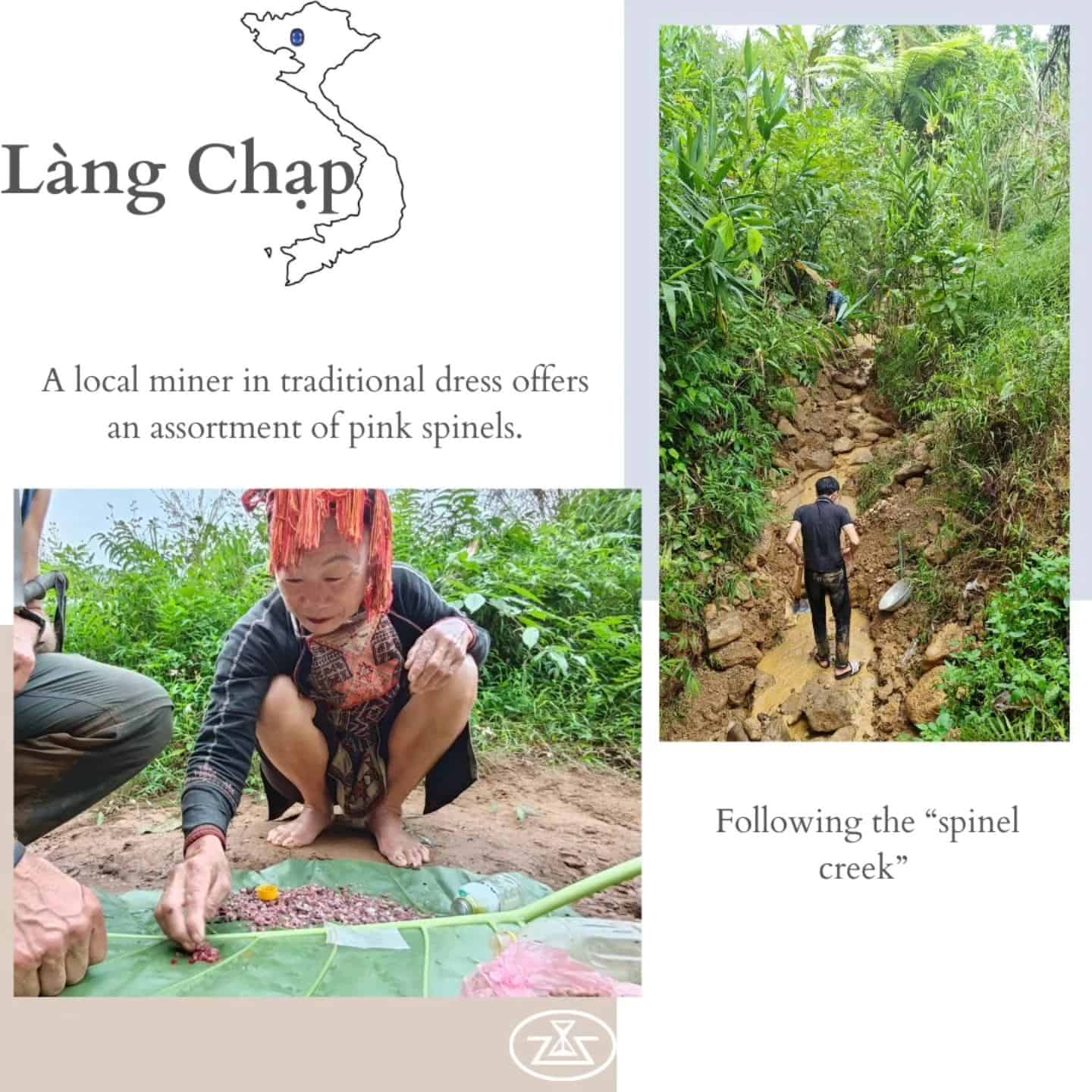 Hình ảnh người dân địa phương đang phân loại đá quý và đường lên suối Spinel