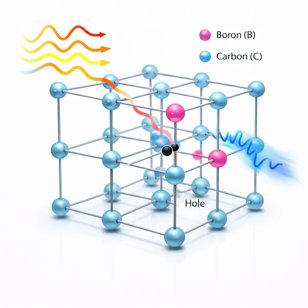 Màu xanh của kim cương Type IIb xuất hiện khi các nguyên tử boron thay thế nguyên tử carbon trong cấu trúc tinh thể