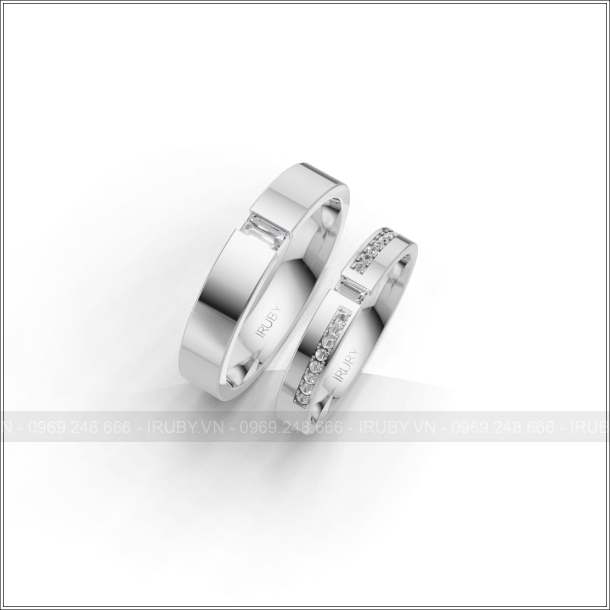Cặp nhẫn cưới phẳng đính đá Baguette rất tinh tế đẹp – IRNC047