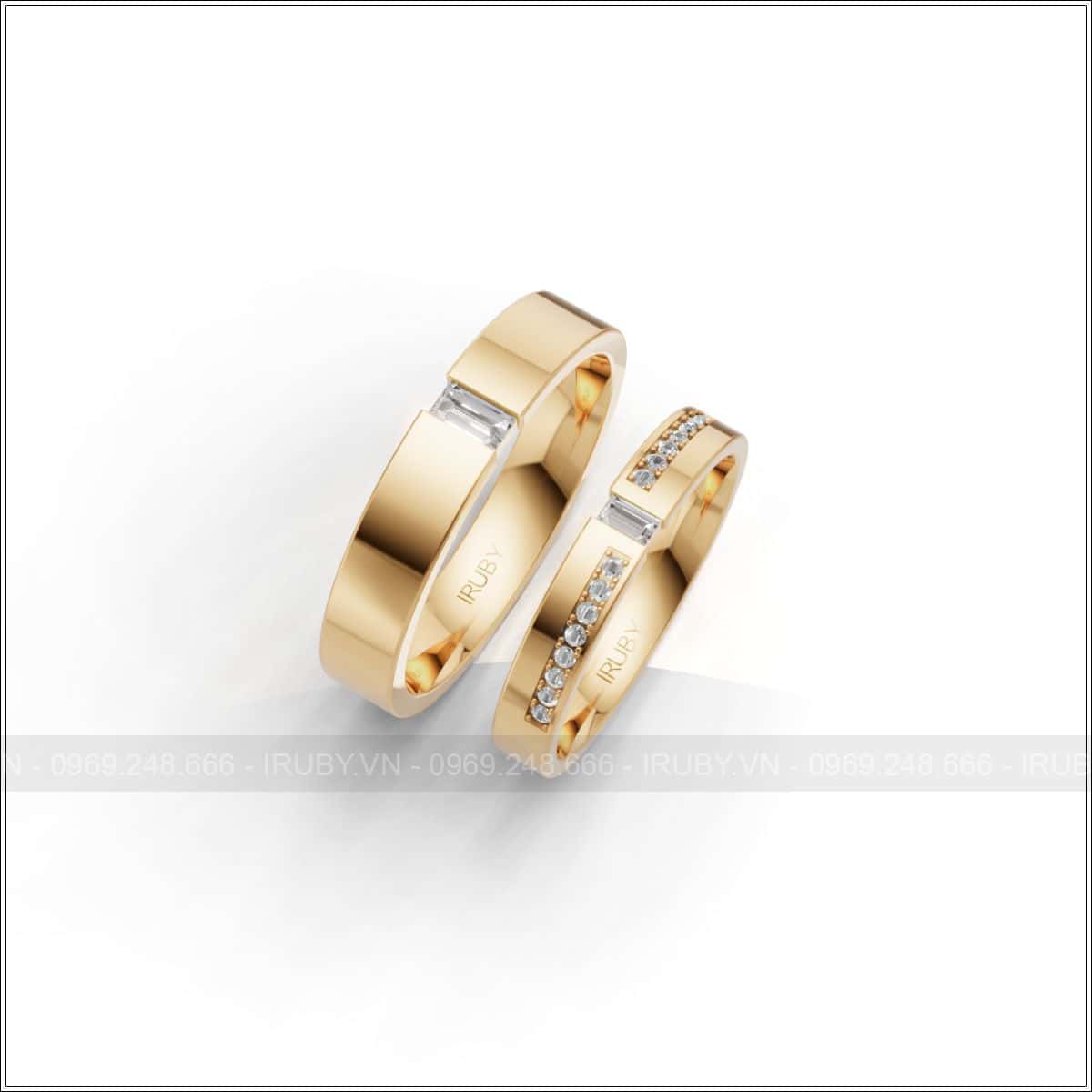 Cặp nhẫn cưới phẳng đính đá Baguette rất tinh tế đẹp – IRNC047