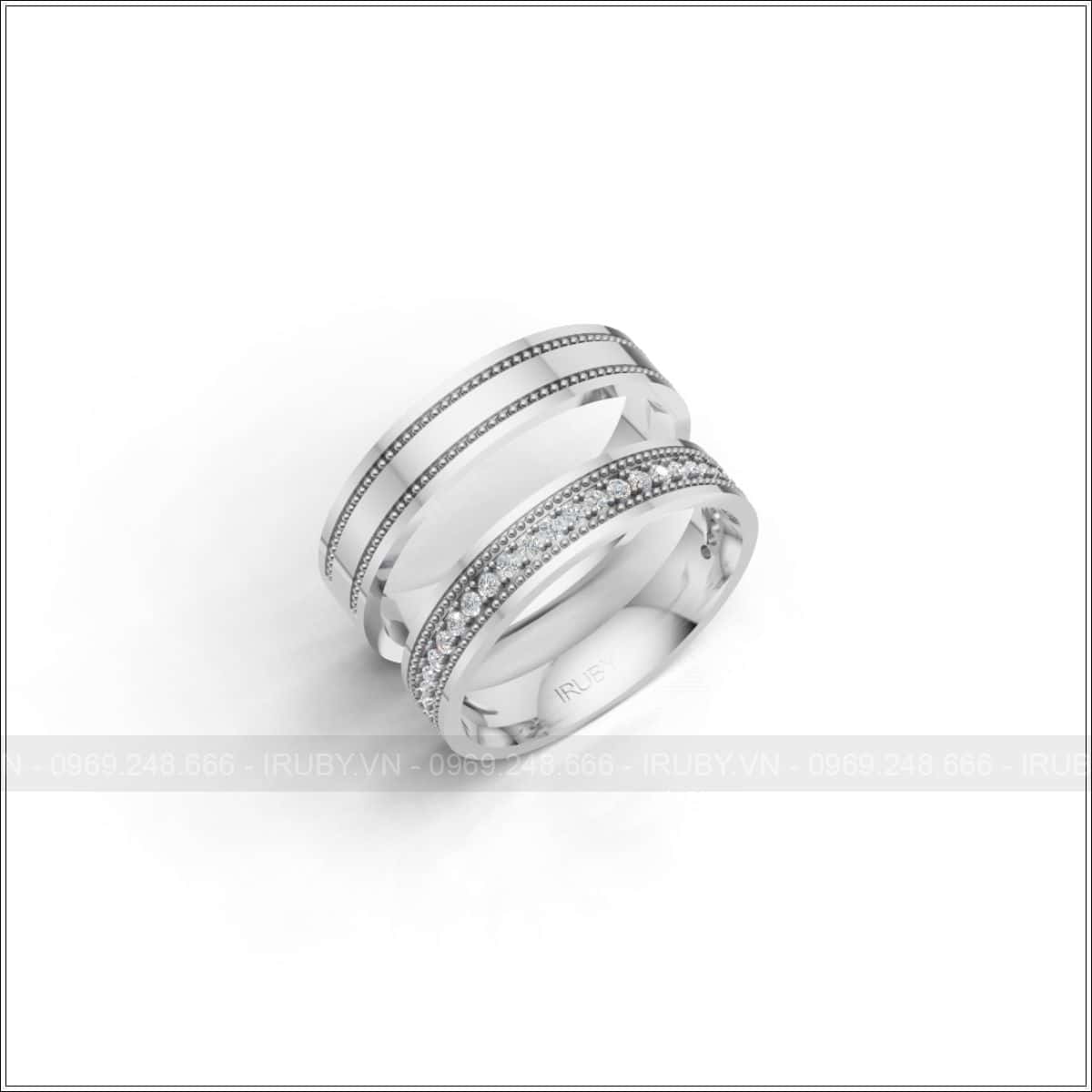 Nhẫn cưới milgrain đính đá tấm sang trọng hiện đại đẹp – IRNC034