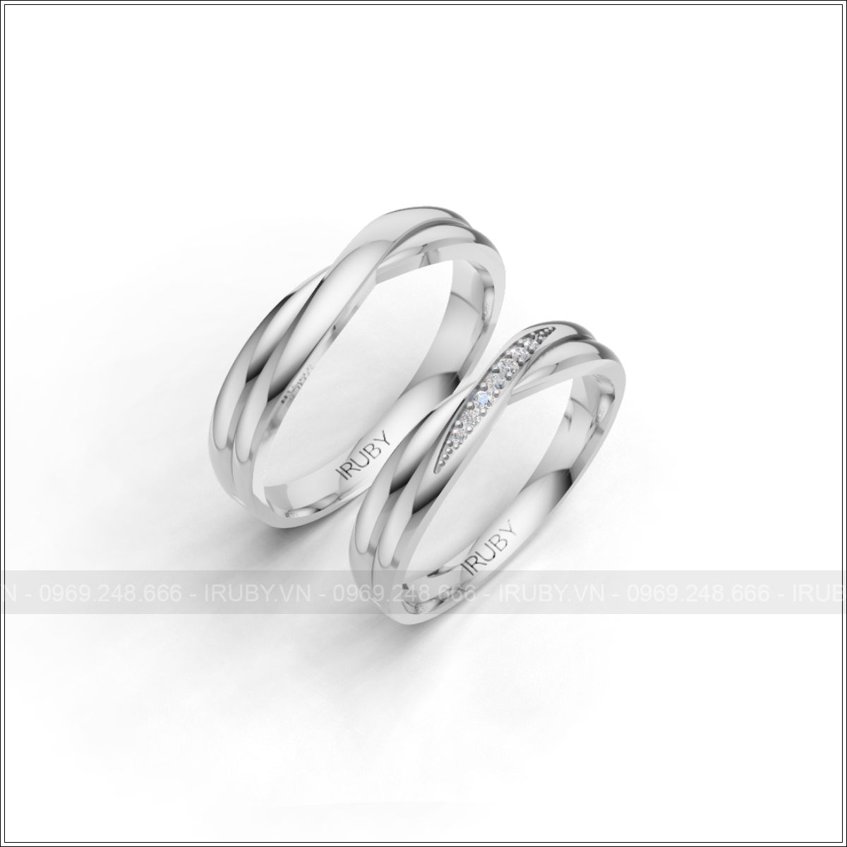 Nhẫn cưới trắng thiết kế xoắn đan xen đính đá tinh xảo – IRNC030