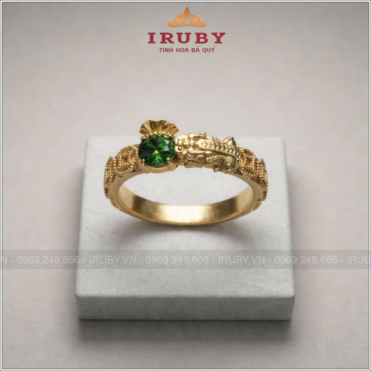 Nhẫn Nữ Tỳ Hưu Kim Tiền Gắn Đá Xanh Chiêu Tài Giữ Lộc - Green Stone Rings - IRNU69