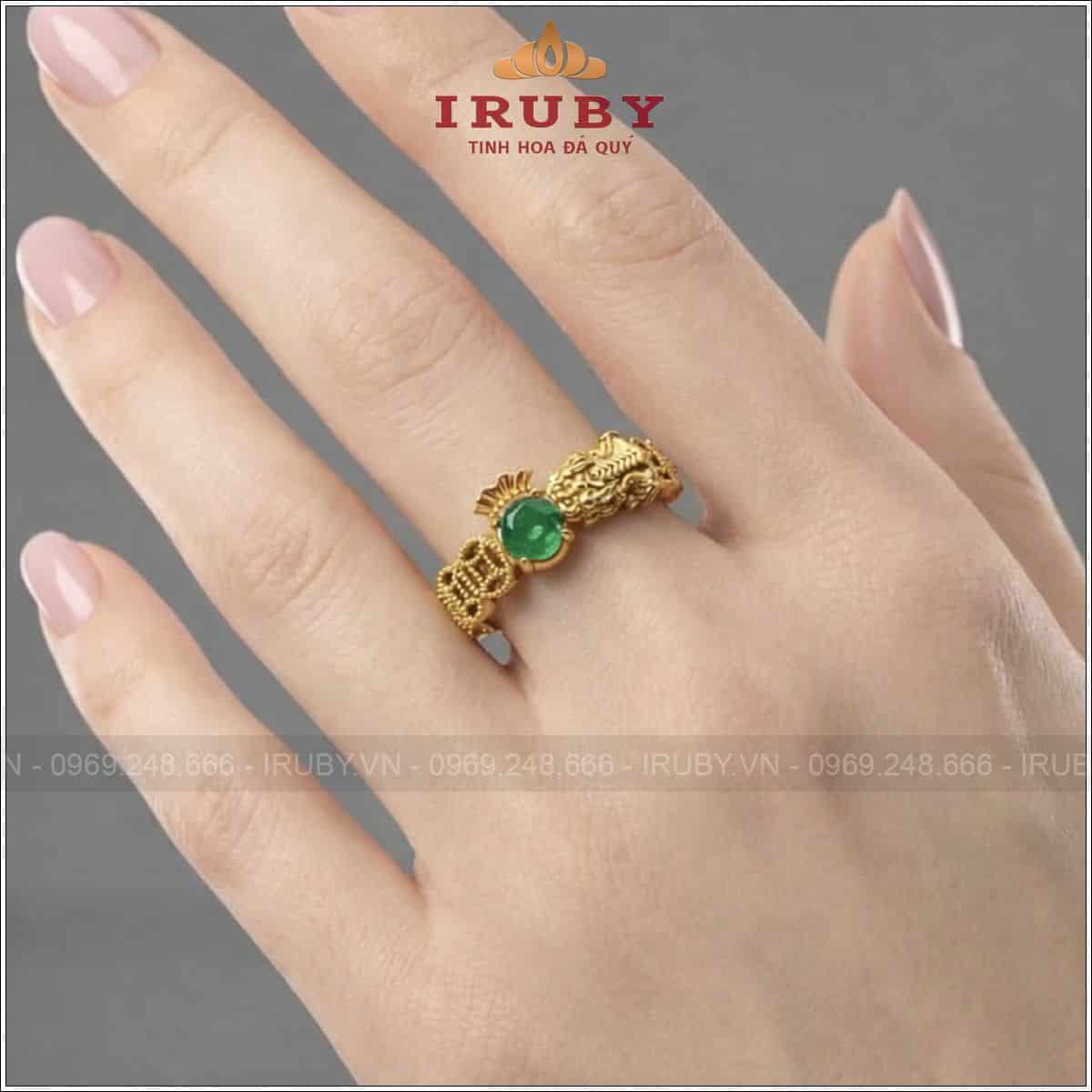 Nhẫn Nữ Tỳ Hưu Kim Tiền Gắn Đá Xanh Chiêu Tài Giữ Lộc - Green Stone Rings - IRNU69