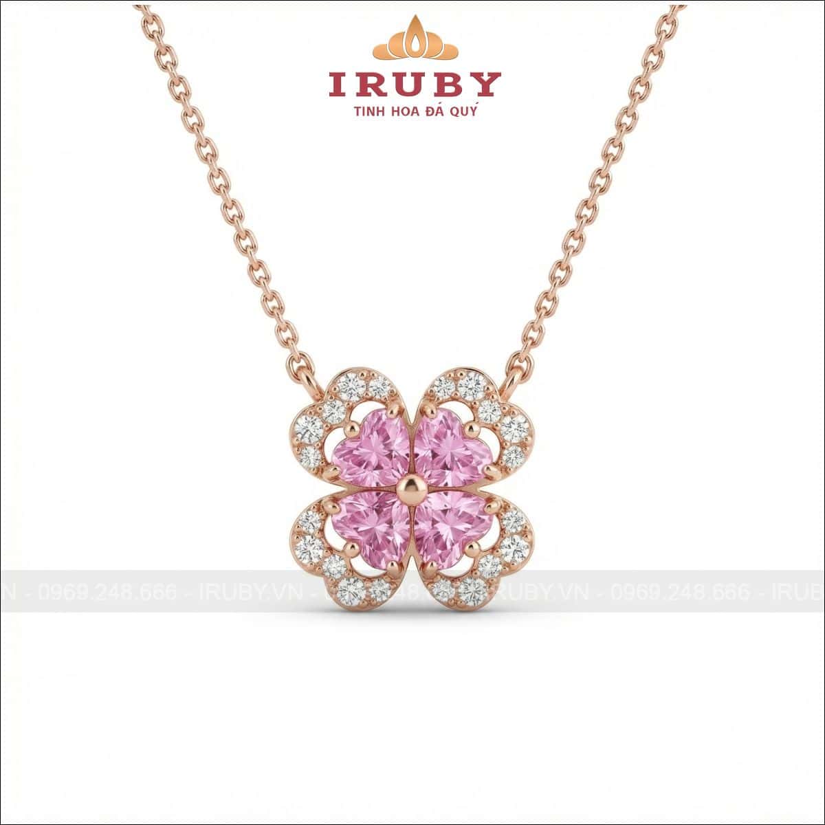 Mặt dây chuyền cánh hoa trái tim hồng viền kim cương –  heart gemstone – IRMD16