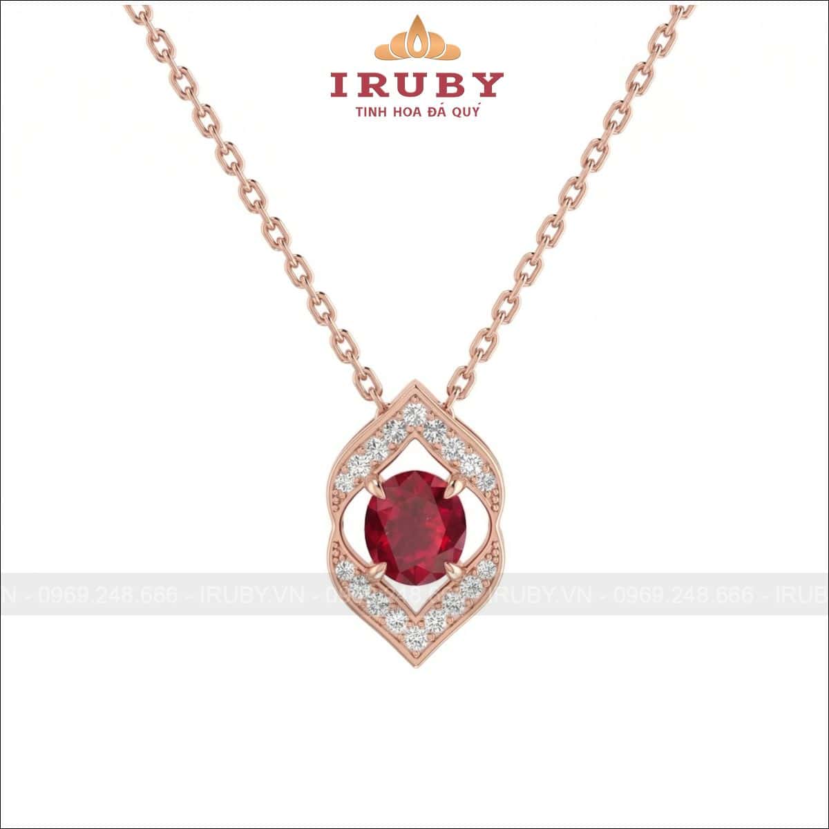 Mặt dây chuyền đá oval đỏ viền kim cương cách điệu – red gemstone – IRMD33