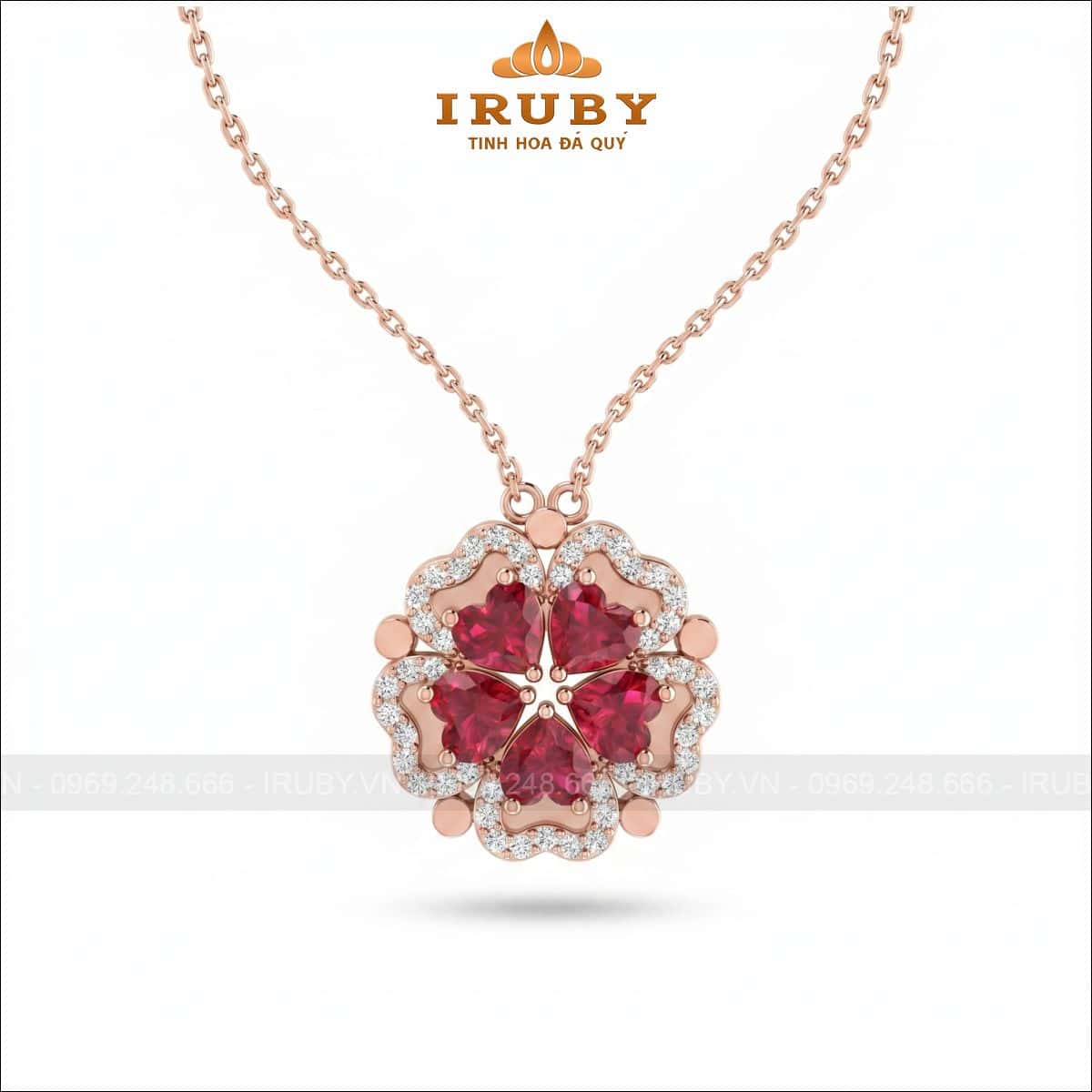 Mặt dây chuyền hoa 5 cánh trái tim đá đỏ – heart gemstone – IRMD17