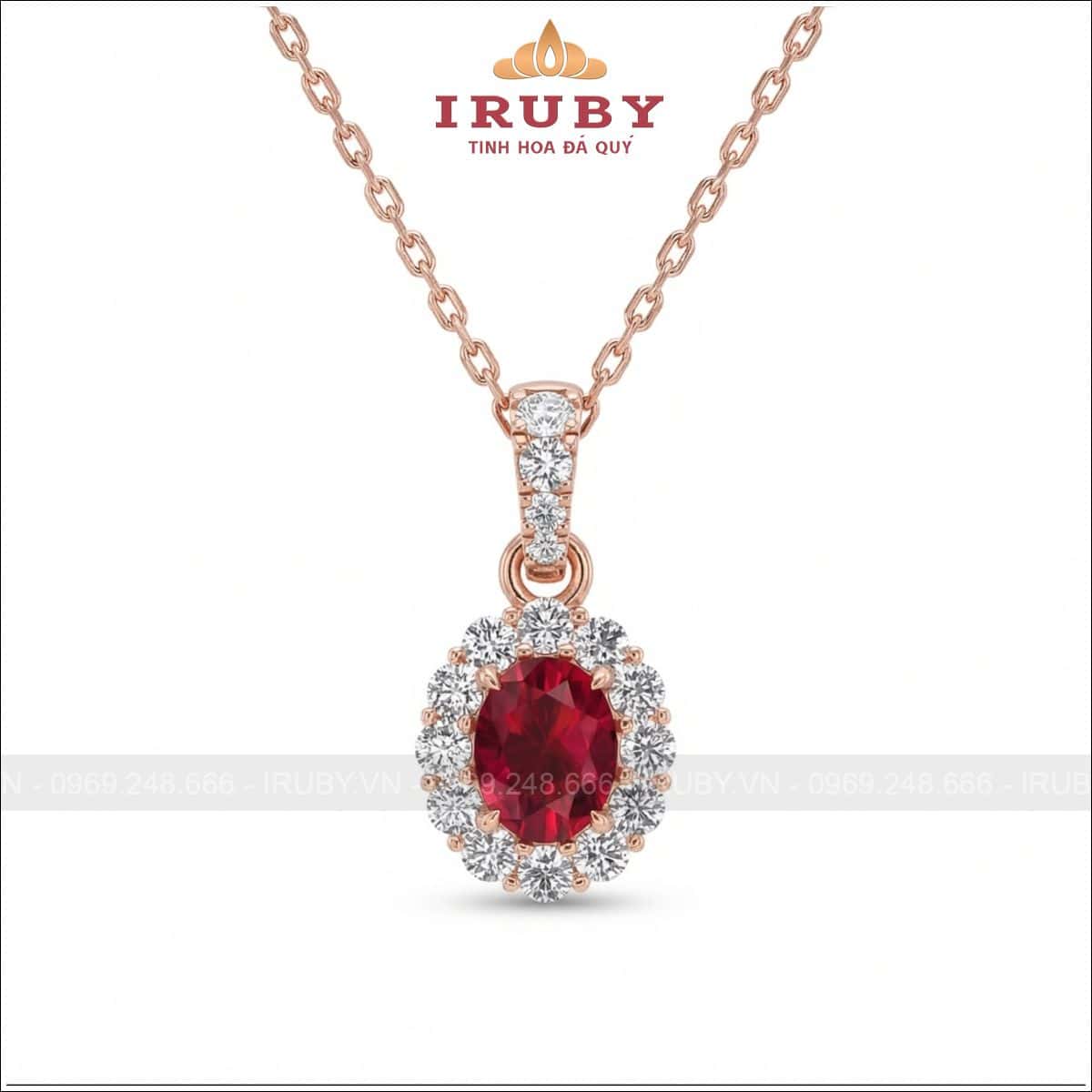 Mặt dây đá quý oval màu đỏ – Oval Red Halo Pendant – IRMD24