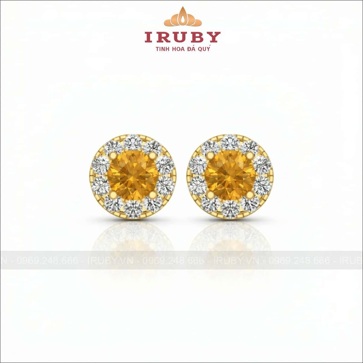 Hoa tai đá Sapphire vàng hình tròn kết kim cương – yellow sapphire Earrings round shape- IRHT13