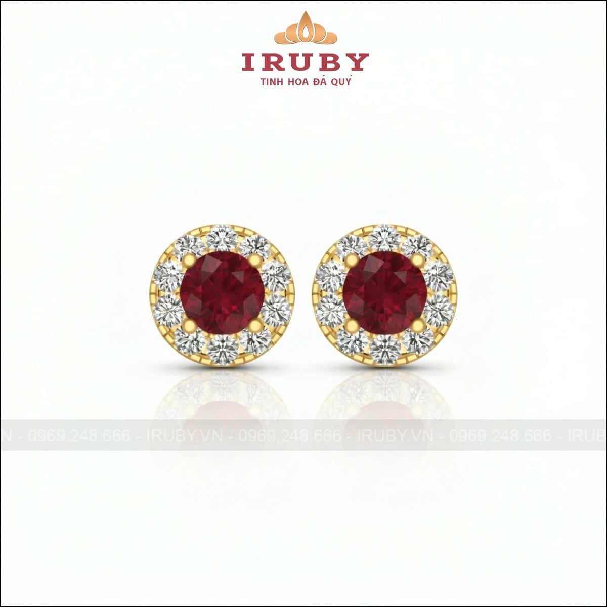 Hoa tai đá Ruby đỏ hình tròn đính kim cương – Ruby earing round shape – IRHT13