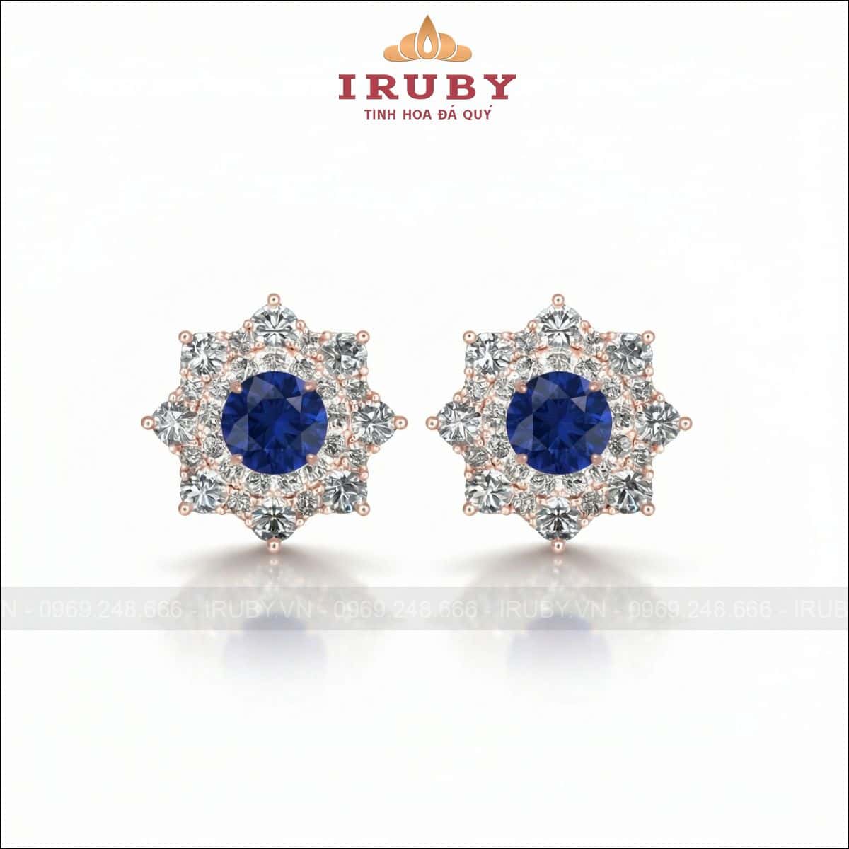 Hoa tai đá Sapphire xanh hình tròn – Round Blue Sapphire Earrings – IRHT16