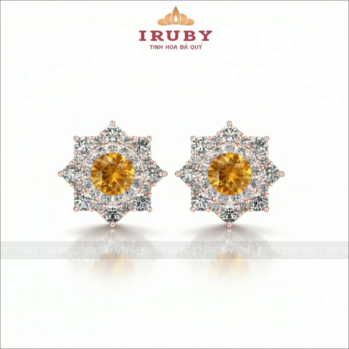 Hoa tai đá Sapphire vàng kết kim cương – yellow sapphire Vietnames – IRHT16