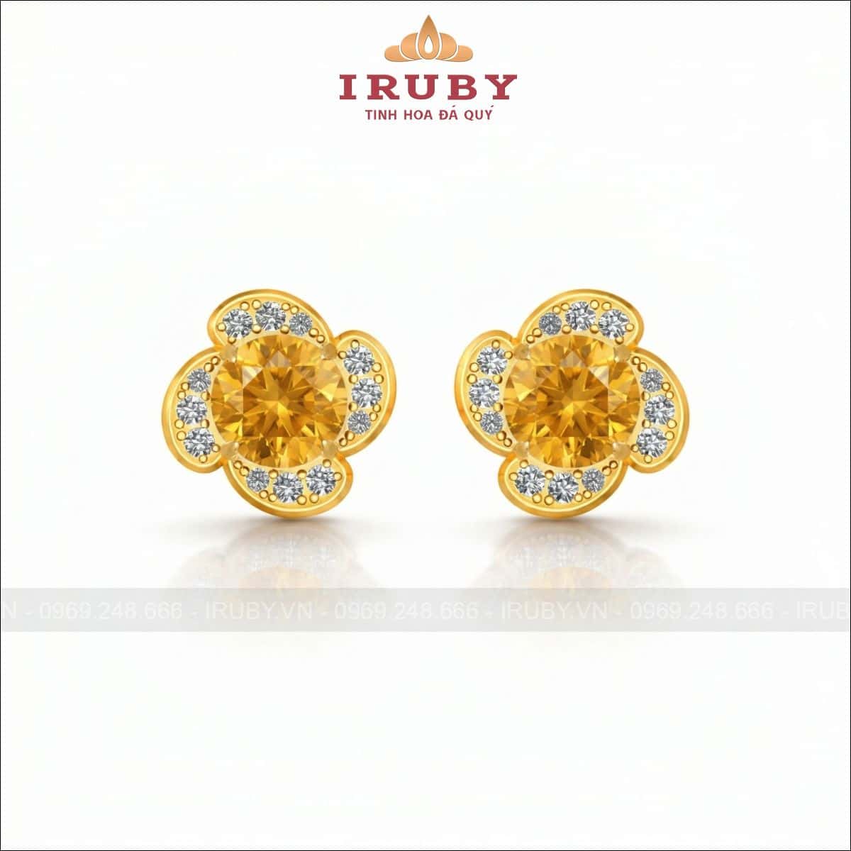 Hoa tai đá Sapphire vàng kết kim cương – Yellow Sapphire Earring – IRHT17