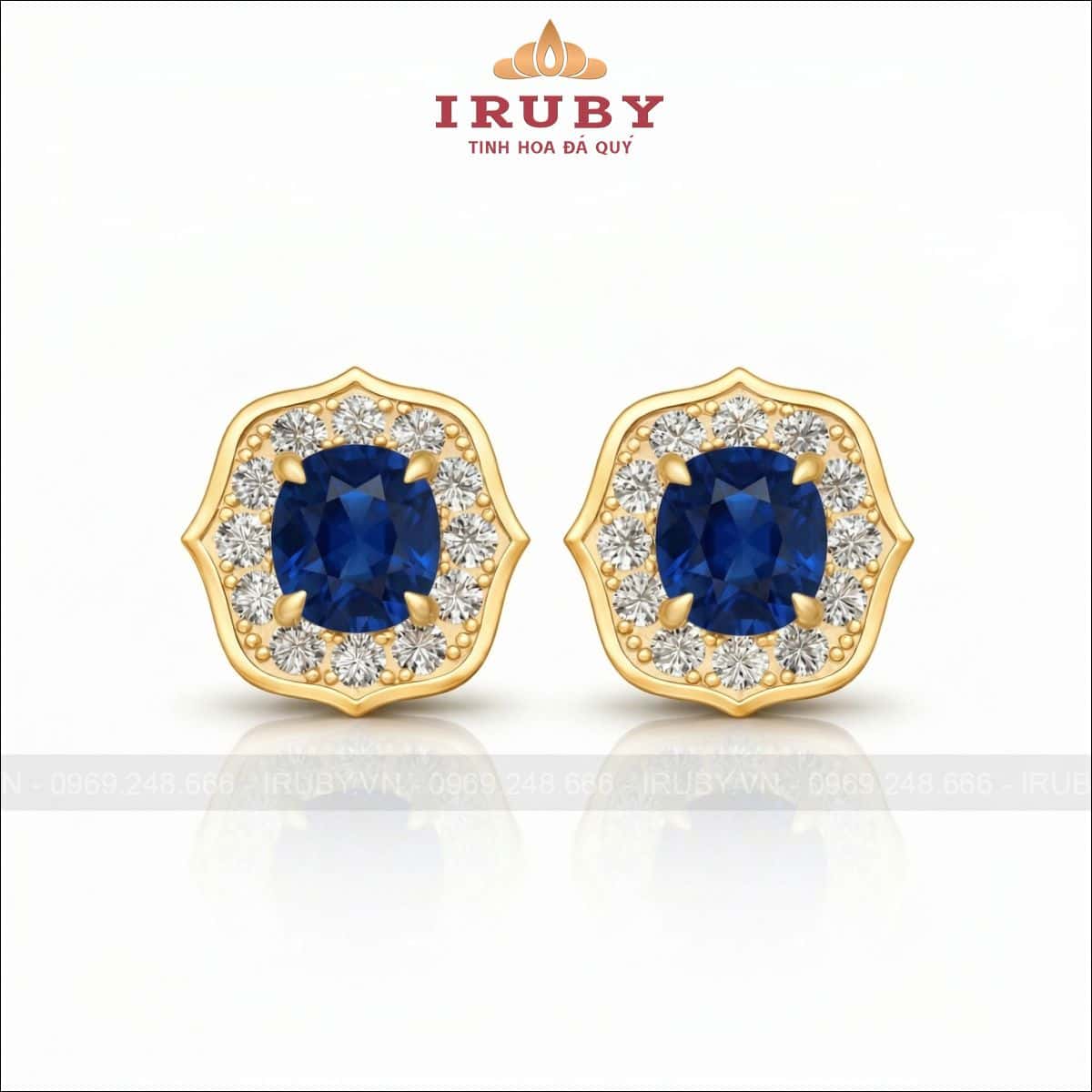 Hoa tai đá Sapphire xanh lam hình cushion cổ điển – Sapphire earing cushion shap – IRHT15