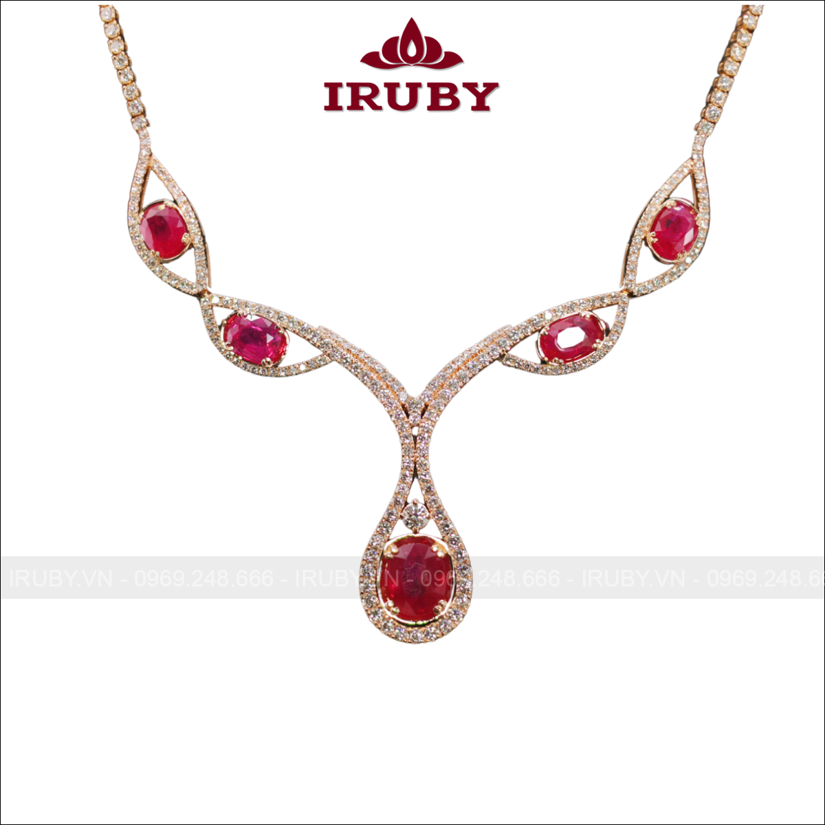 Dây chuyền nữ đá Ruby kết kim cương tự nhiên kết vàng hồng – IRMD 260630