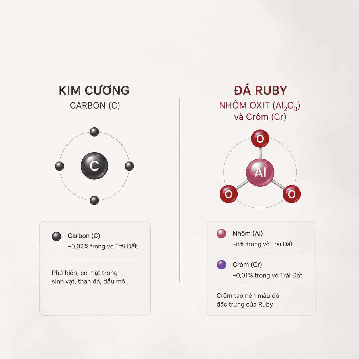 So sánh các nguyên tô hóa học trong kim cương và đá Ruby thì các nguyên tố trong Ruby hiếm hơn