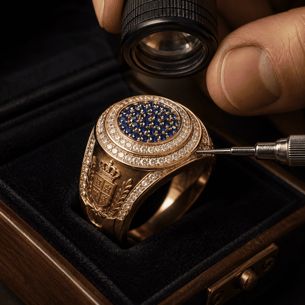Chiếc nhẫn được chế tác từ vàng 18k cùng kim cương và đá Sapphire tự nhiên