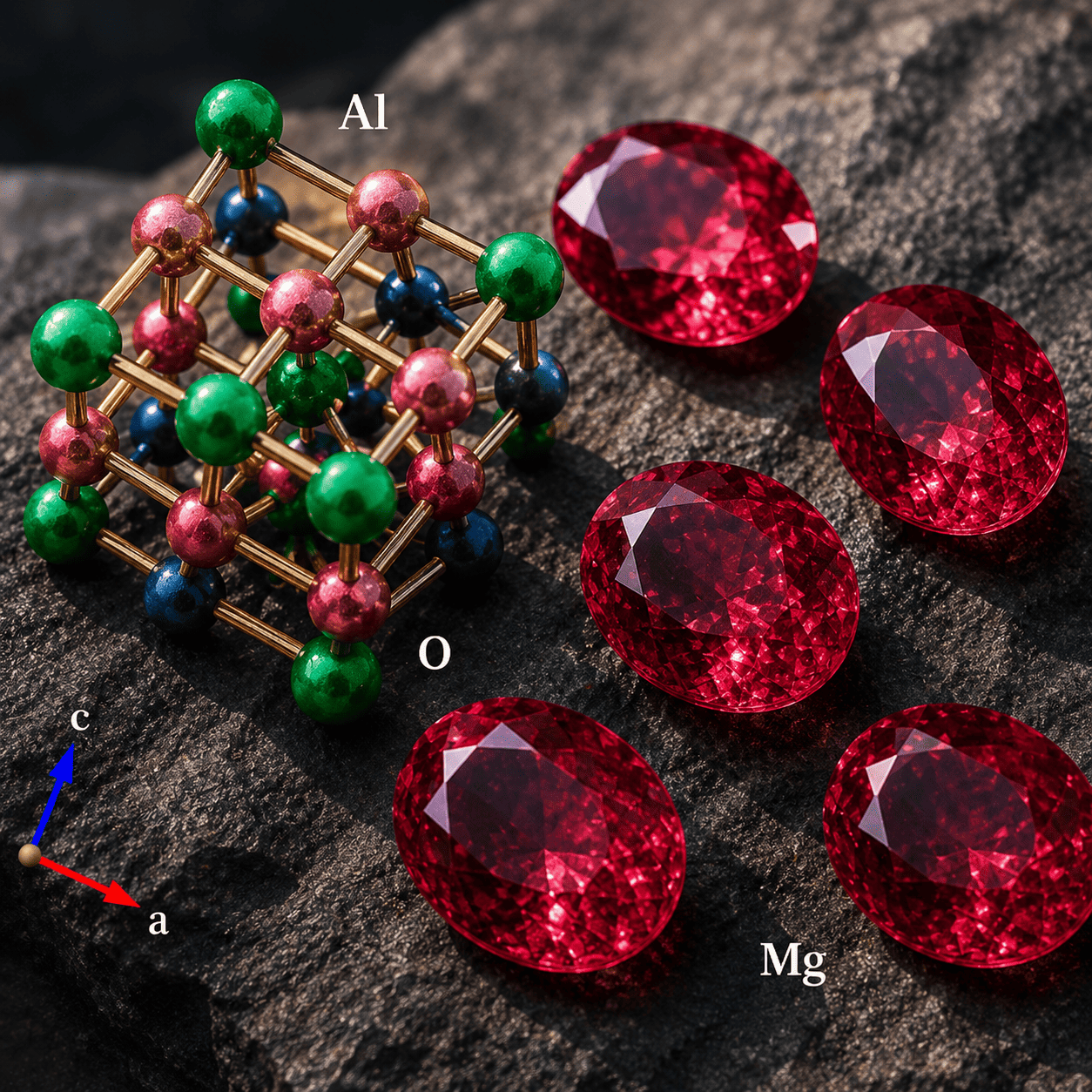 Cơ chế tạo màu trong đá Spinel dựa vào rất nhiều nguyên tố kim loại chuyển tiếp: Crom (Cr³⁺), Sắt (Fe²⁺/Fe³⁺), Cobalt (Co²⁺) và Vanadi (V³⁺)