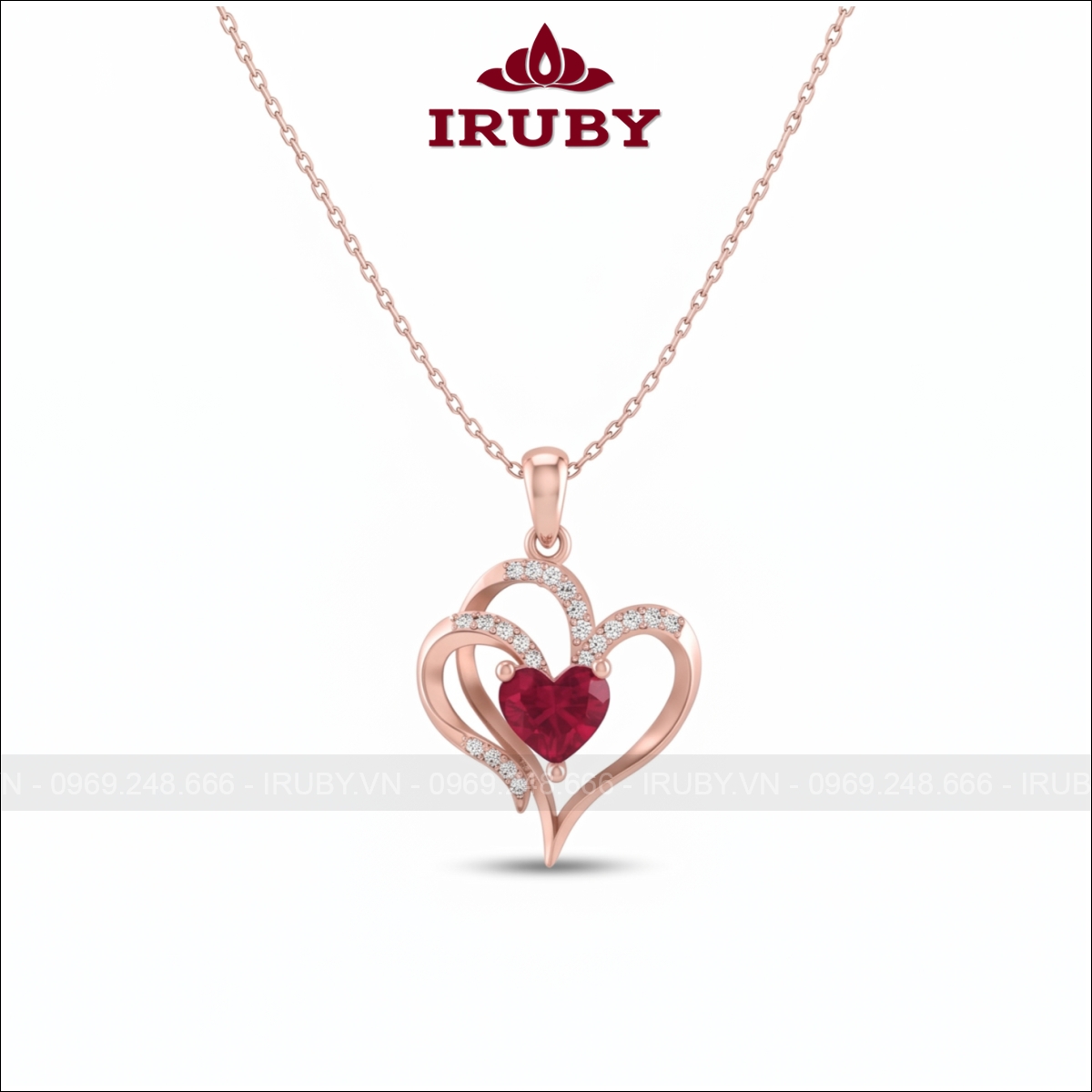 Mặt dây chuyền Spinel đỏ trái tim kép vàng hồng – IRMD54