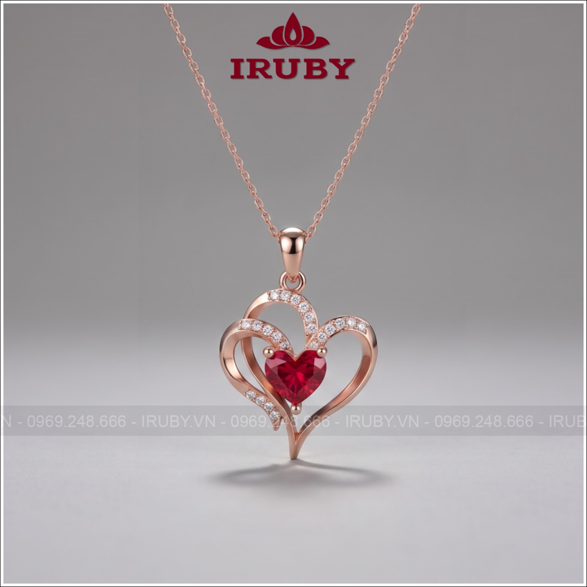 Mặt dây chuyền Spinel đỏ trái tim kép vàng hồng - IRMD54 ảnh 1