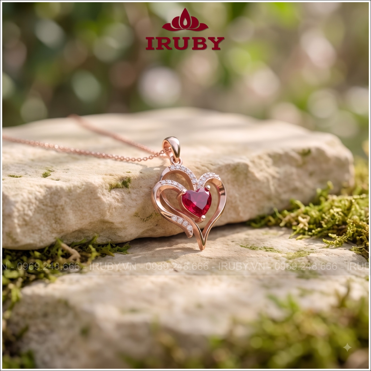 Mặt dây chuyền Spinel đỏ trái tim kép vàng hồng - IRMD54 ảnh 6