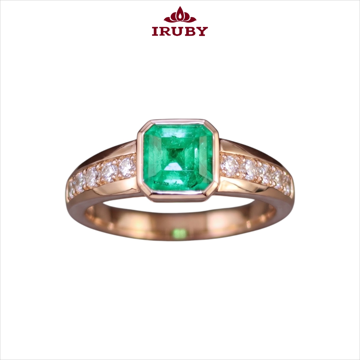 Nhẫn nữ Emerald vàng hồng 14K dáng vuông viền đá đai kim cương sang trọng