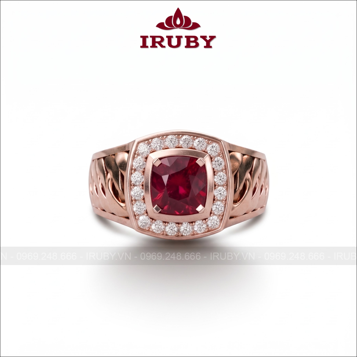 Nhẫn nam đá Spinel đỏ vàng hồng khắc họa tiết – Spinel Men’s Ring – IRNA66
