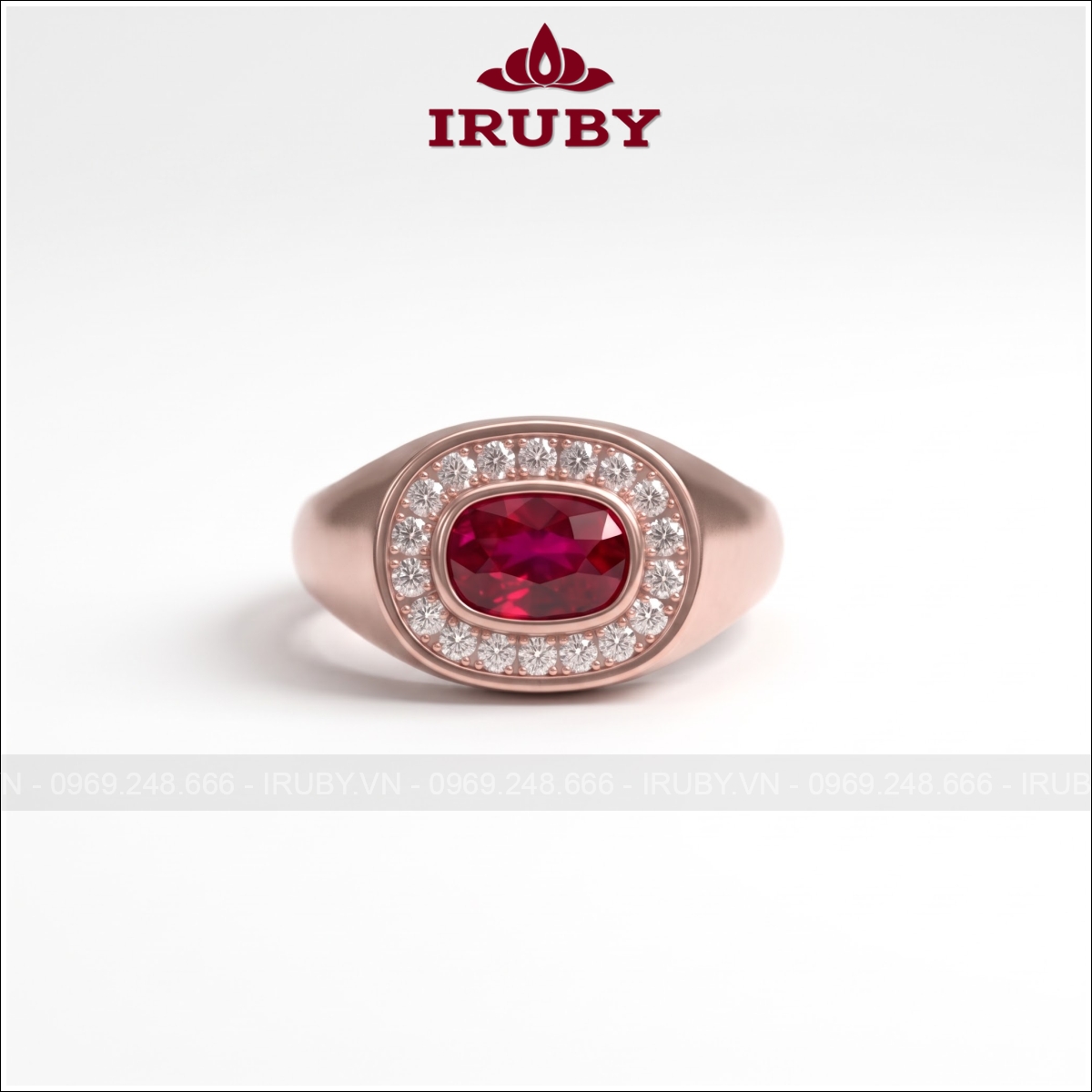 Nhẫn nam Ruby đỏ Oval miết viền vàng hồng – Ruby Men’s Ring – IRNA70